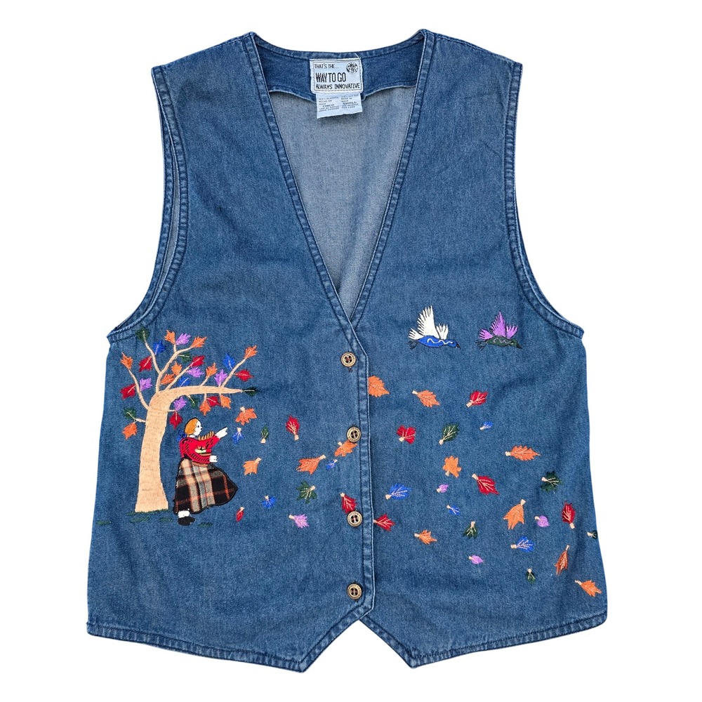 Vintage Denim Vest Embroidered‎ Cottagecore Fall Autumn Scene Womens Small